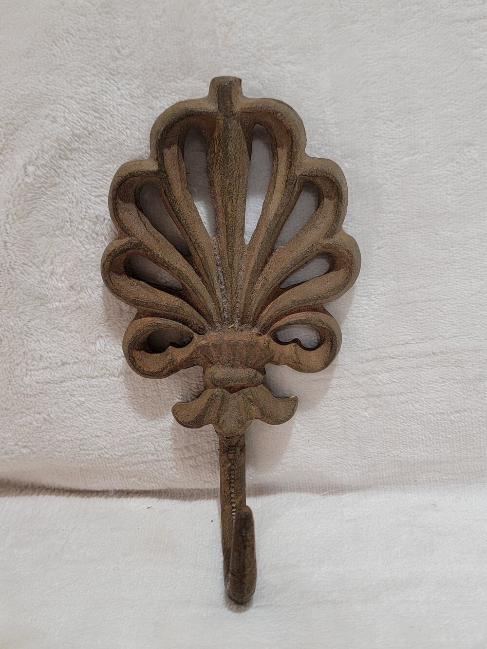 Heavy Cast Iron Decorative Wall Hook 6.5” Rustic patina With install Eyelet